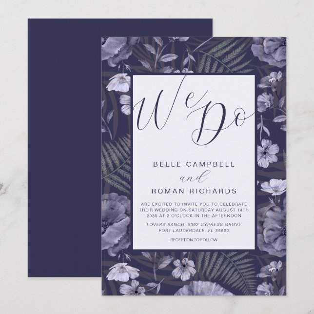 Invitation Fleur sauvage moderne Dusty Purple Script Mariage (Devant / Derrière)