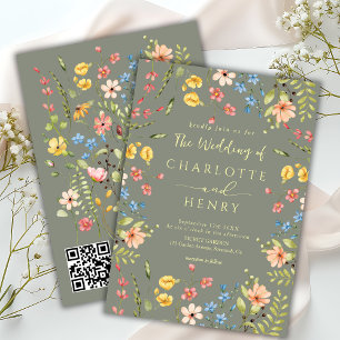 Invitation Fleur sauvage Moderne Garden Sage QR Code Mariage