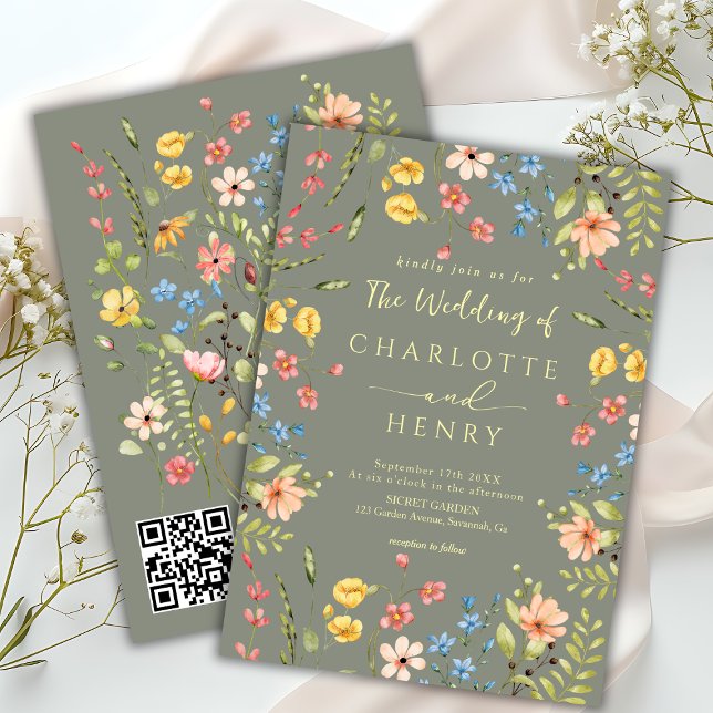 Invitation Fleur sauvage Moderne Garden Sage QR Code Mariage (Créateur téléchargé)
