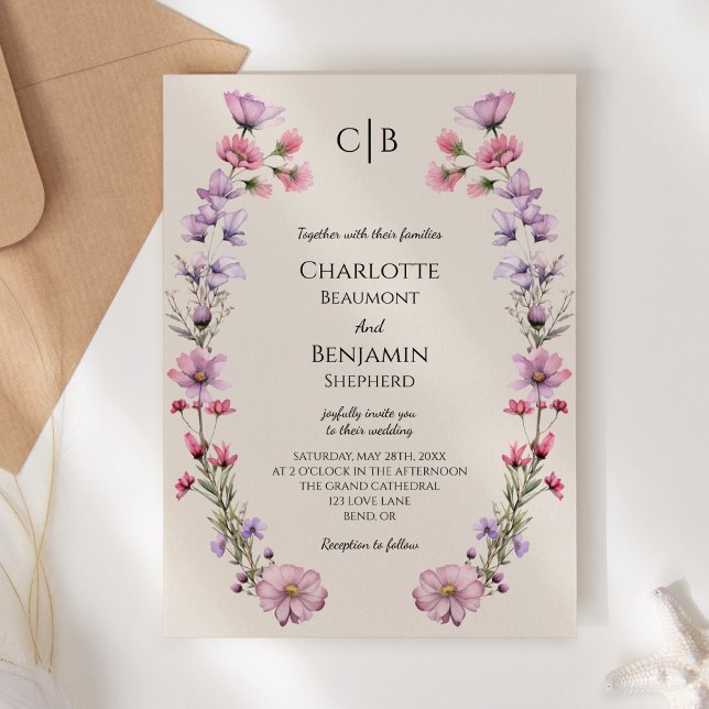 Invitation Fleur sauvage moderne Mariage Monogramme Beige  (Créateur téléchargé)