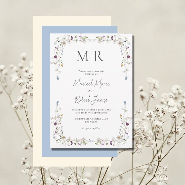 Invitation Fleur sauvage moderne Monogramme Mariage bleu (Créateur téléchargé)