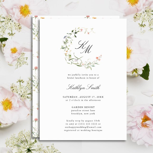 Invitation Fleur sauvage Monogramme Wreath Déjeuner nuptial m (Créateur téléchargé)