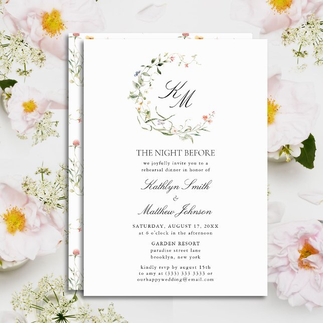Invitation Fleur sauvage Monogramme Wreath Moderne La Nuit Av (Créateur téléchargé)