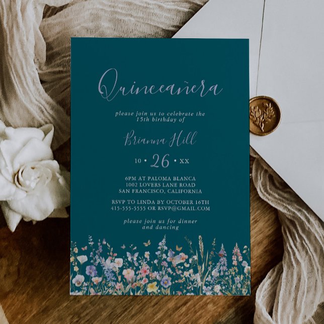 Invitation Fleur sauvage Multicolore d'été Green Quinceañera (Créateur téléchargé)