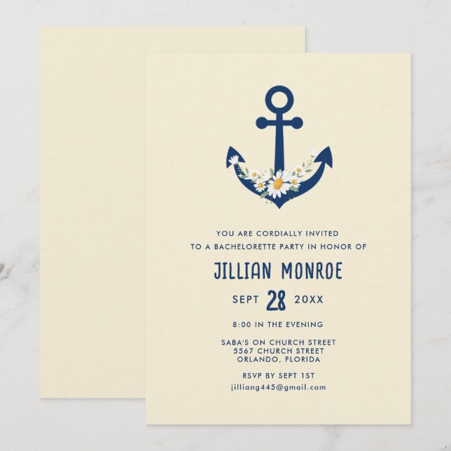 Invitation Fleur sauvage nautique Ancre Bachelorette Party (Devant / Derrière)