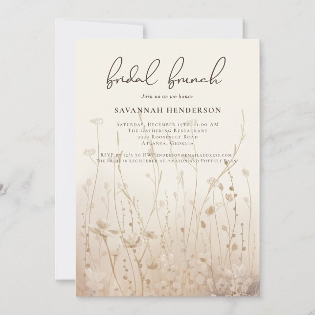 Invitation Fleur sauvage neutre Fête des mariées florale Brun (Devant)