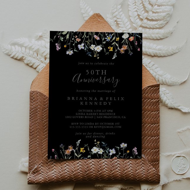 Invitation Fleur sauvage Noir 50e anniversaire de mariage (Créateur téléchargé)