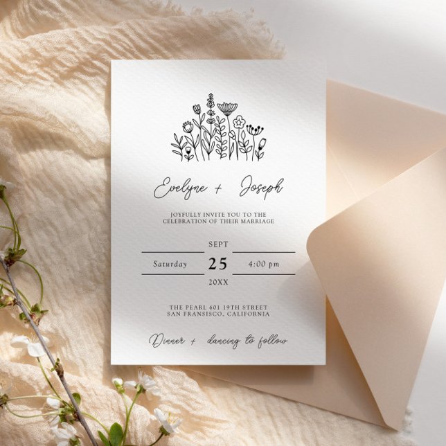 Invitation Fleur sauvage noir & blanc Boho Elegant Mariage ch (Créateur téléchargé)