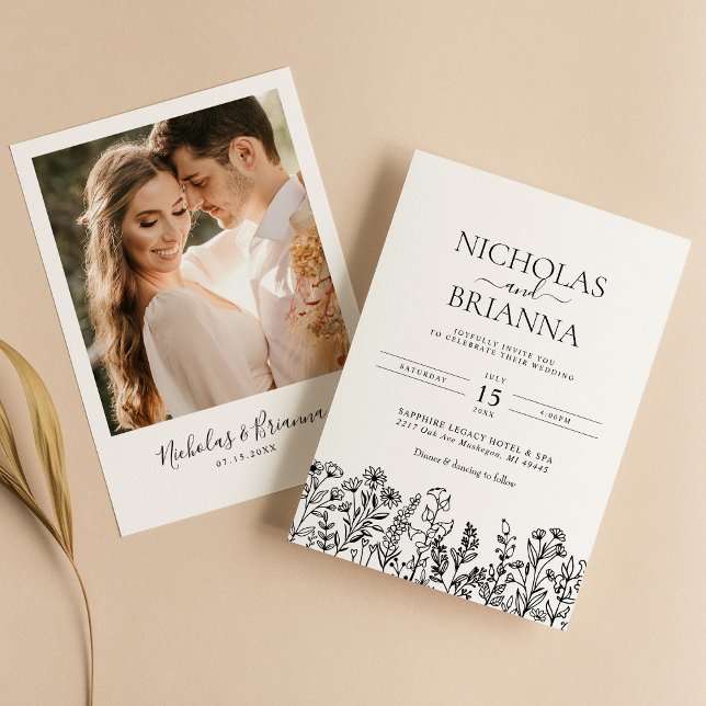 Invitation Fleur sauvage noir blanc Boho Mariage photo modern (Créateur téléchargé)