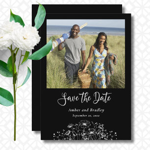 Invitation Fleur sauvage noir blanc Chic Photo QR Code Mariag