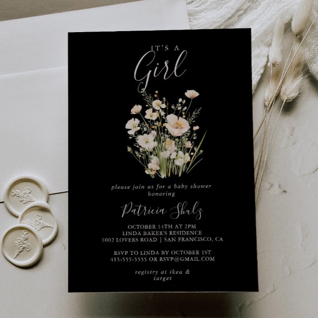 Invitation Fleur sauvage Noir classique C'est un Baby shower  (Créateur téléchargé)