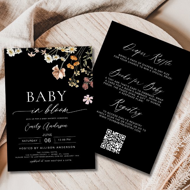Invitation Fleur sauvage noir QR Code Baby in Bloom Shower (Créateur téléchargé)