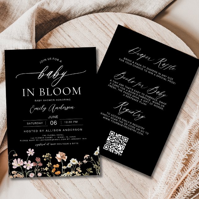 Invitation Fleur sauvage noir QR Code Baby in Bloom Shower (Créateur téléchargé)