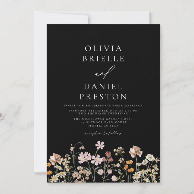 Invitation Fleur sauvage noir tout en un Mariage (Devant)