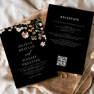Invitation Fleur sauvage noir tout en un Mariage de code QR