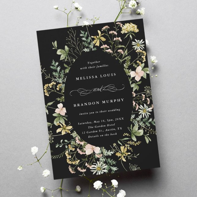Invitation Fleur sauvage Oval Frame Mariage noir (Créateur téléchargé)