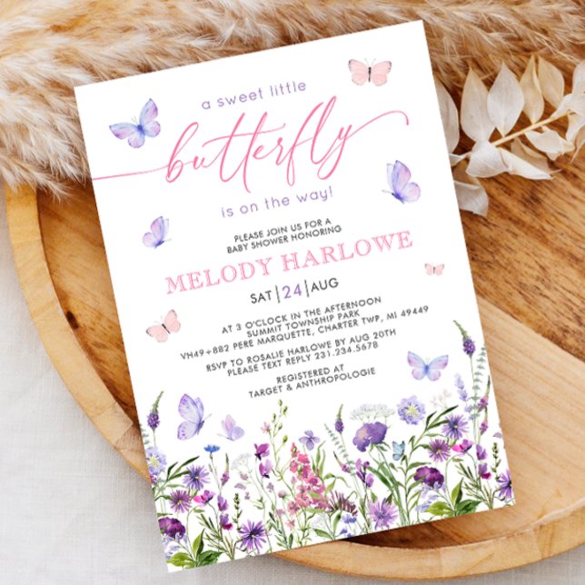 Invitation Fleur sauvage papillon Baby shower rose et violet (Butterfly Wildflower Pink and Purple Baby Shower Invitation)
