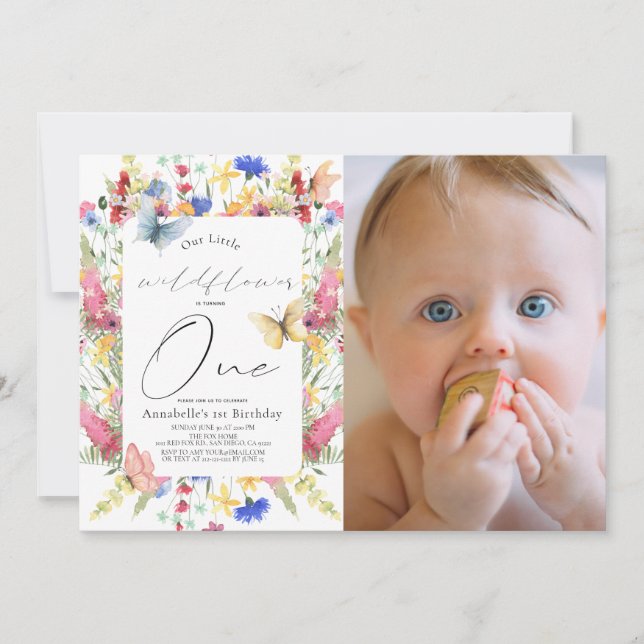 Invitation Fleur sauvage Papillon fille 1er anniversaire Phot (Devant)