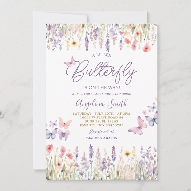 Invitation Fleur sauvage papillon Jardin Baby shower fleuri (Devant)