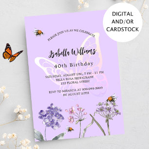 Invitation Fleur sauvage papillon violet anniversaire rose