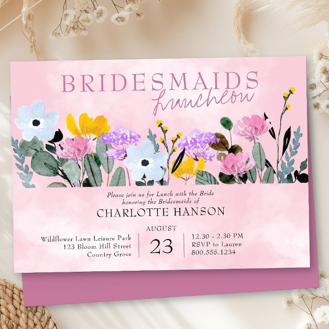 Invitation Fleur sauvage pelouse Jolie Pink Bridesmaies déjeu (Bridesmaids Luncheon Invitation from my Wildflower Lawn Bridal Shower collection)