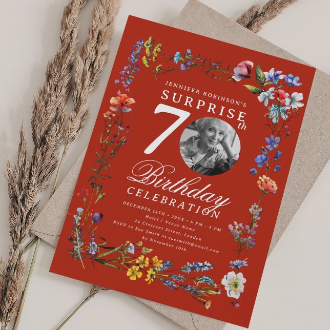 Invitation Fleur sauvage Photo SURPRISE 70e Anniversaire Roug (Wildflower Photo SURPRISE 70th Birthday Red Invitation)