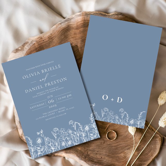 Invitation Fleur Sauvage Poussière Bleu Monogramme Botanique  (Créateur téléchargé)