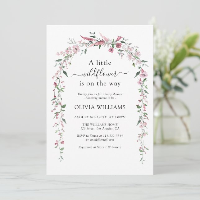 Invitation Fleur sauvage prairie Dusty Rose Baby shower fille (Debout devant)