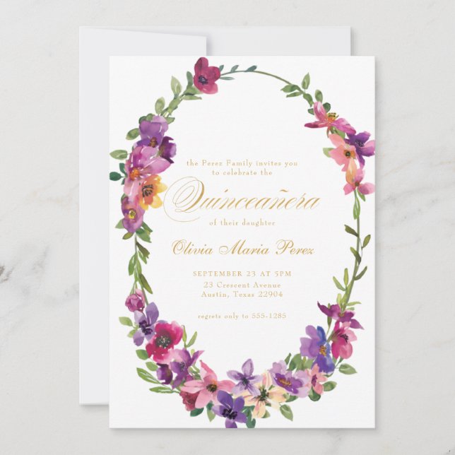 Invitation Fleur sauvage Quinceañera rose violet floral (Devant)