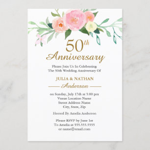 Invitation Fleur sauvage rose aquarelle 50e anniversaire de m