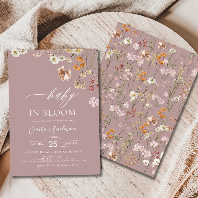 Invitation Fleur sauvage rose bébé dans le Baby shower en fle (Créateur téléchargé)