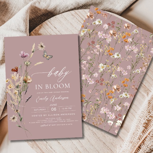 Invitation Fleur sauvage rose bébé dans le Baby shower en fle (Créateur téléchargé)