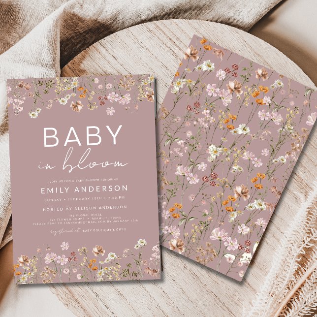 Invitation Fleur sauvage rose bébé dans le Baby shower en fle (Créateur téléchargé)