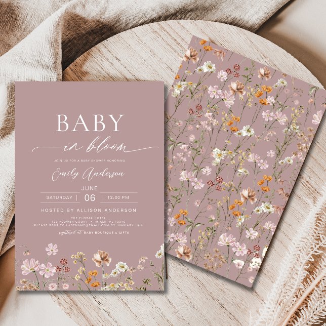 Invitation Fleur sauvage rose bébé dans le Baby shower en fle (Créateur téléchargé)