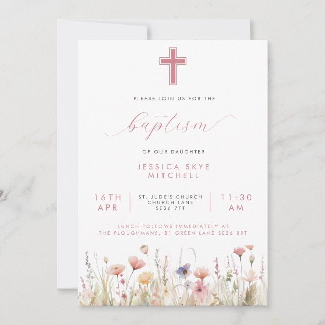 Invitation Fleur sauvage rose Croix & Script Baptême (Devant)