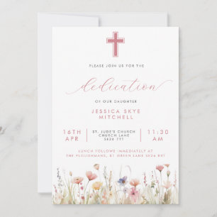 Invitation Fleur sauvage rose Croix & Script bébé Dedication