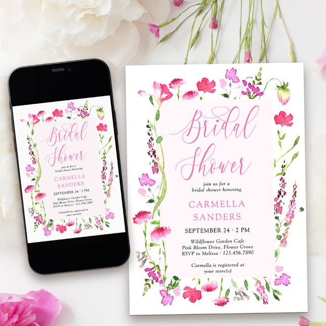 Invitation Fleur sauvage rose Élégante Fête des mariées fémin (Bridal Shower Invitation from my Pink Wildflower Collection. )