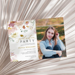 Invitation Fleur sauvage rose et rouge Photo Graduation Party