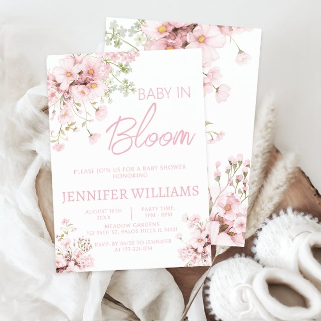 Invitation Fleur sauvage rose fleuri bébé dans baby shower fl (Créateur téléchargé)