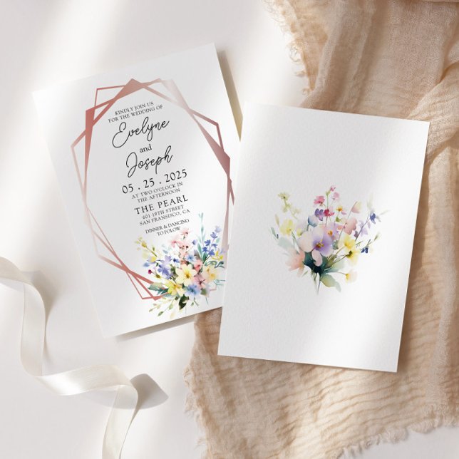 Invitation Fleur sauvage Rose  or  Boho Mariage (Créateur téléchargé)