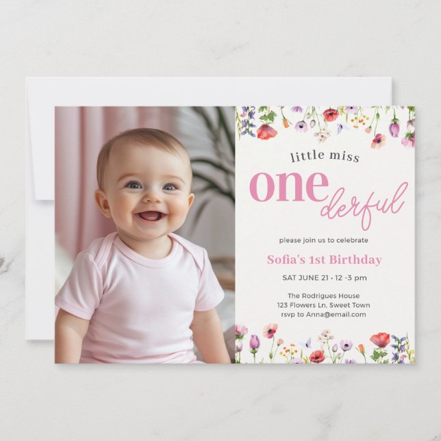 Invitation Fleur sauvage rose petite Miss Onederful 1er anniv (Devant)