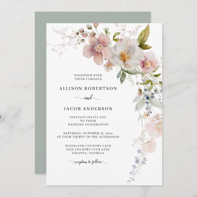 Invitation Fleur sauvage rose Sage Mariage fleuri (Devant / Derrière)