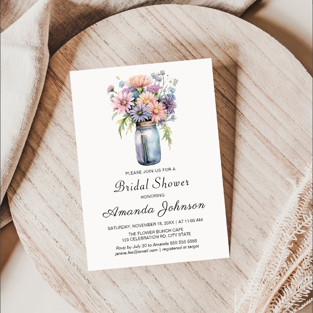 Invitation Fleur sauvage Rustic Mason Jar Fête des mariées (Créateur téléchargé)