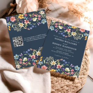 Invitation Fleur sauvage Rustic Navy Blue Mariage QR Code