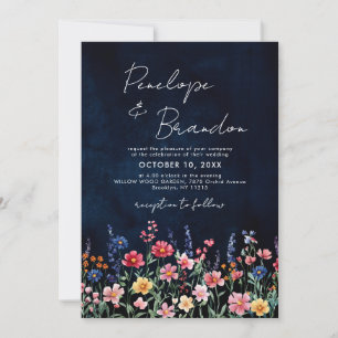 Invitation Fleur sauvage Rustic QR Code Floral Marine Mariage