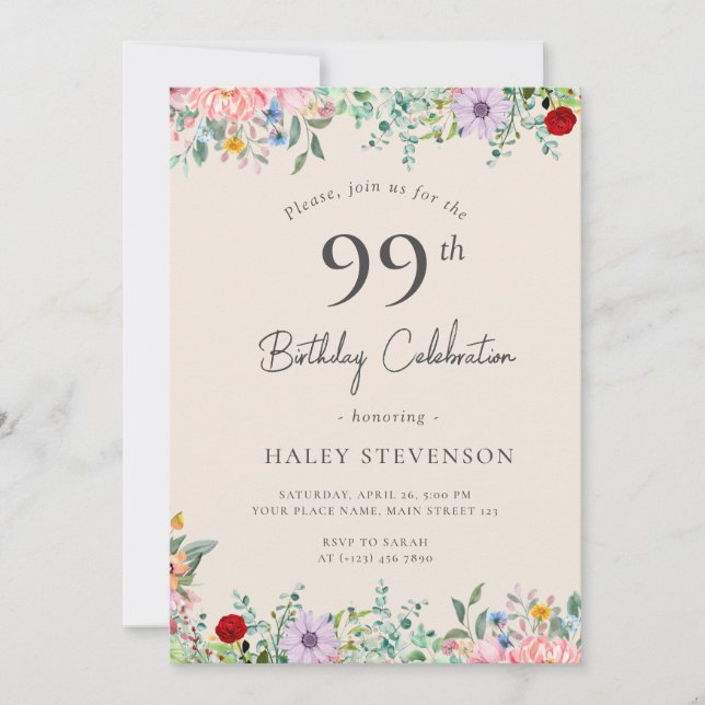 Invitation Fleur sauvage Rustique Bohème 99e Anniversaire Sim (Devant)