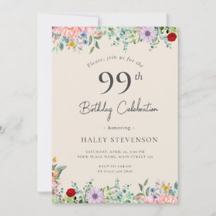 Invitation Fleur sauvage Rustique Bohème 99e Anniversaire Sim