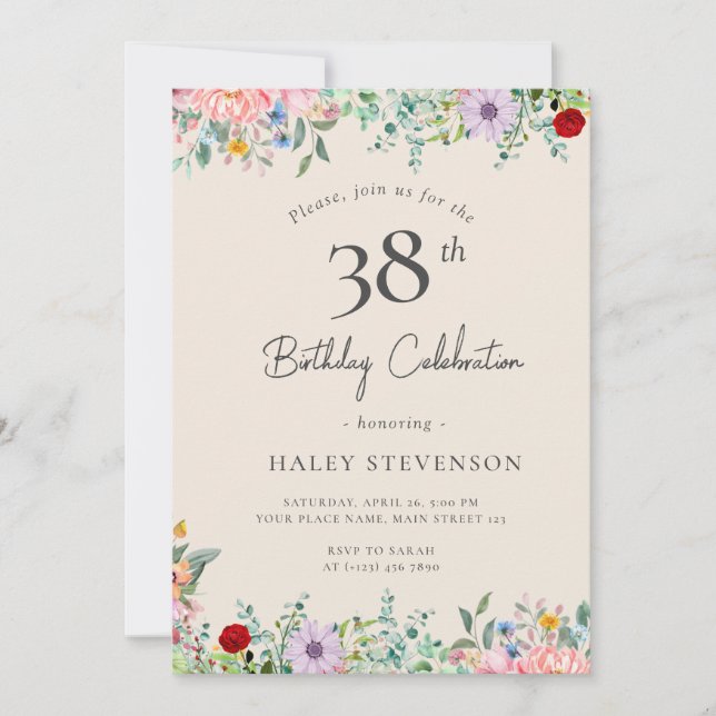 Invitation Fleur sauvage Rustique Boho 38e anniversaire Simpl (Devant)