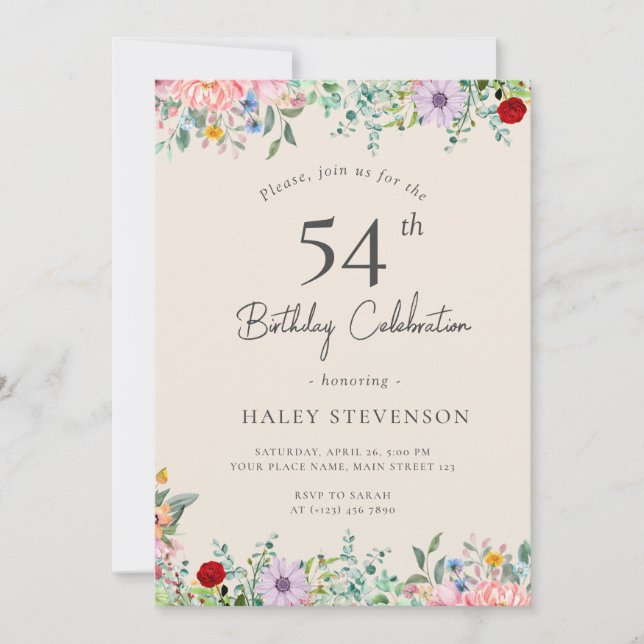 Invitation Fleur sauvage Rustique Boho 54e anniversaire Simpl (Devant)