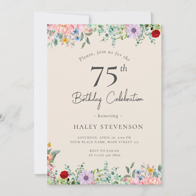Invitation Fleur sauvage Rustique Boho 75e anniversaire Simpl (Devant)